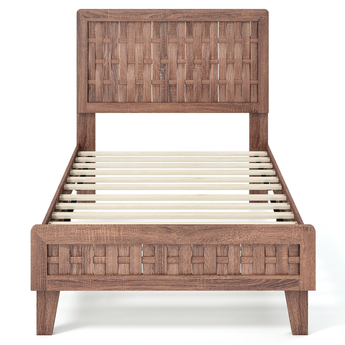 Twin/Full Size Bed Frame Mid Century with Woven Accent Headboard
