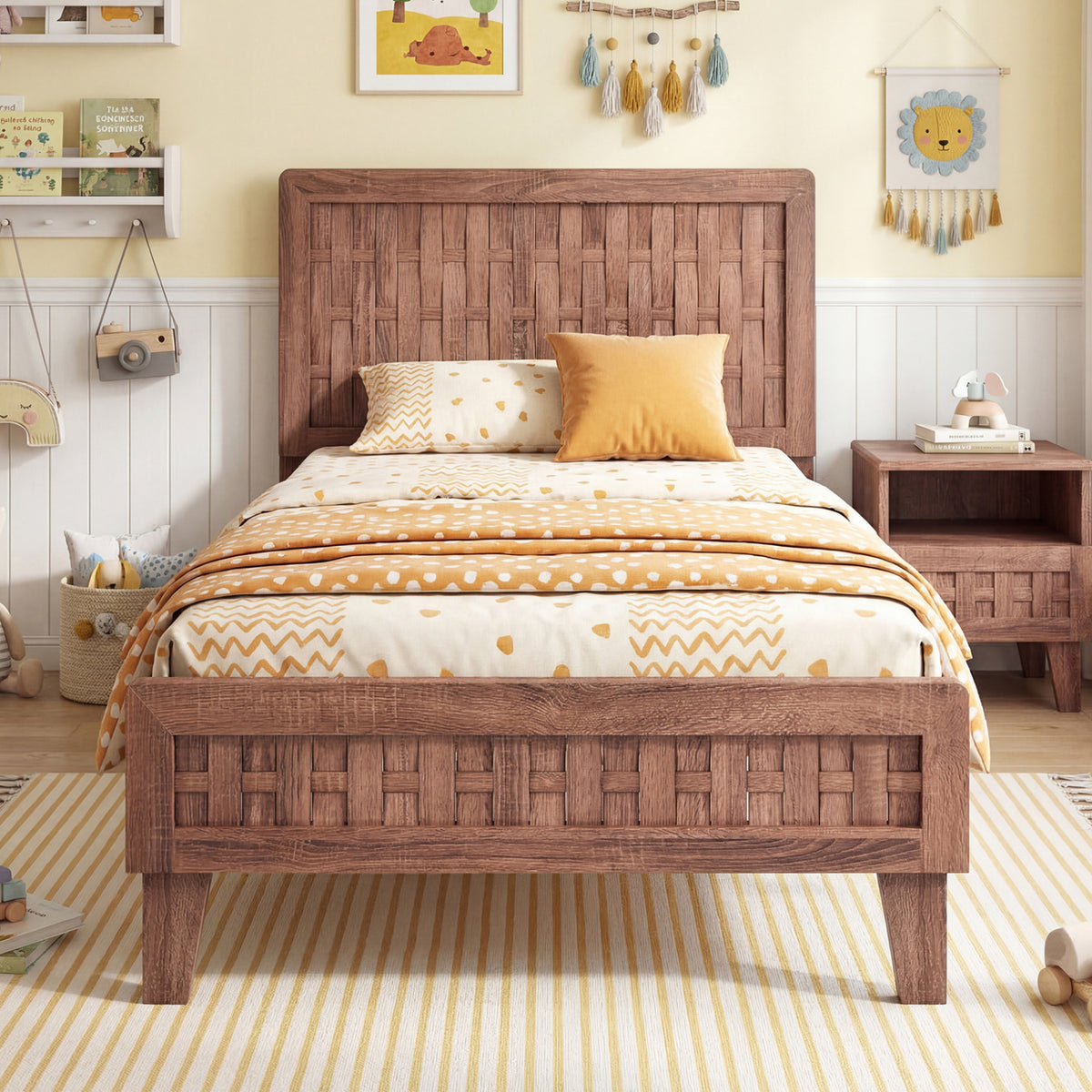 Twin/Full Size Bed Frame Mid Century with Woven Accent Headboard