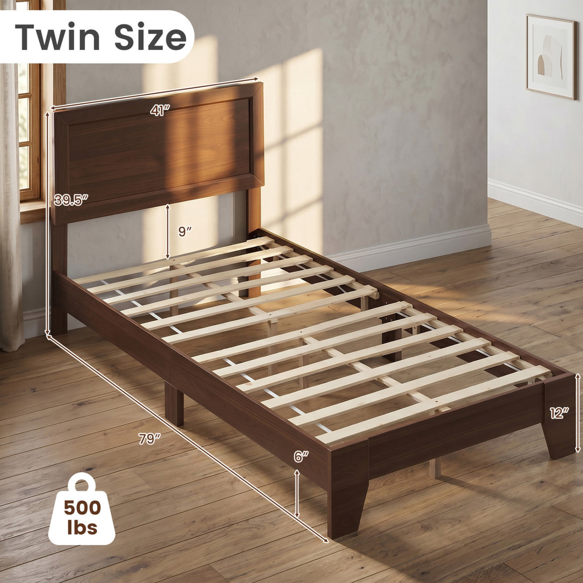 Twin Size Bed Frame with Headboard for Small Room No Box Spring Needed