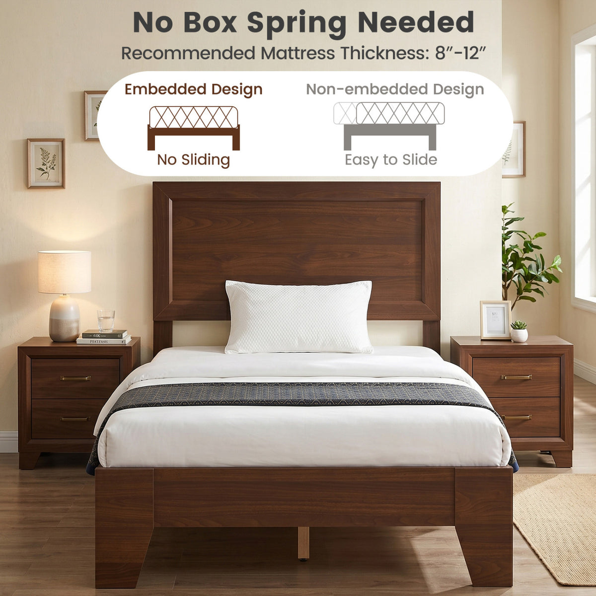 Twin Size Bed Frame with Headboard for Small Room No Box Spring Needed