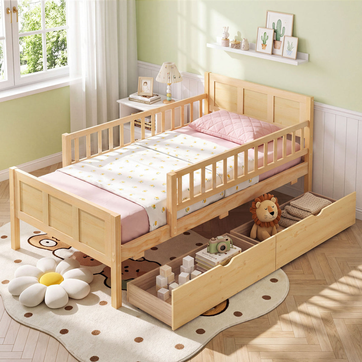Full/Twin Size Bed Frame with Storage Drawers Natural