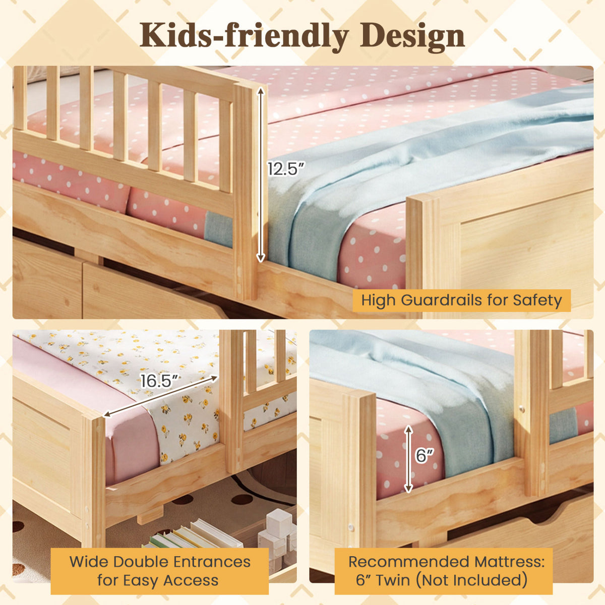 Full/Twin Size Bed Frame with Storage Drawers Natural