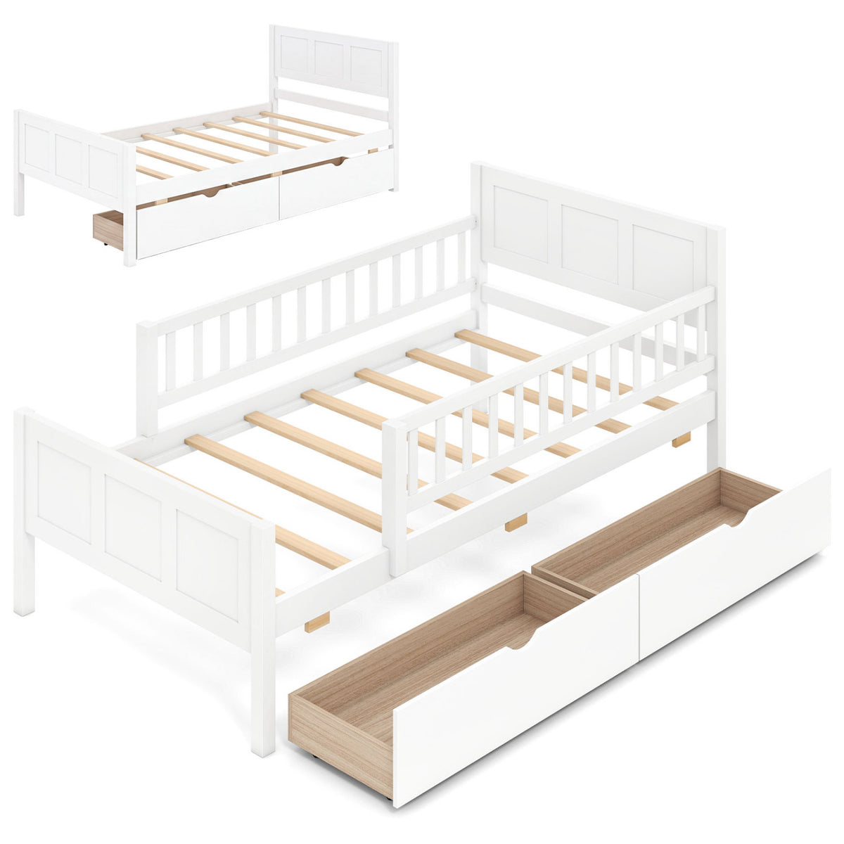 Full/Twin Size Bed Frame with Detachable Guardrails White