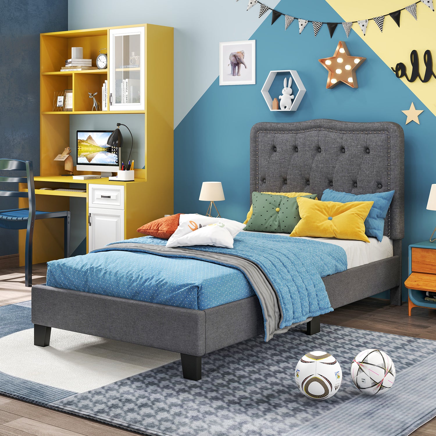 Twin Size Bed Frame with 46 Inch Tall Button Tufted Headboard-Gray