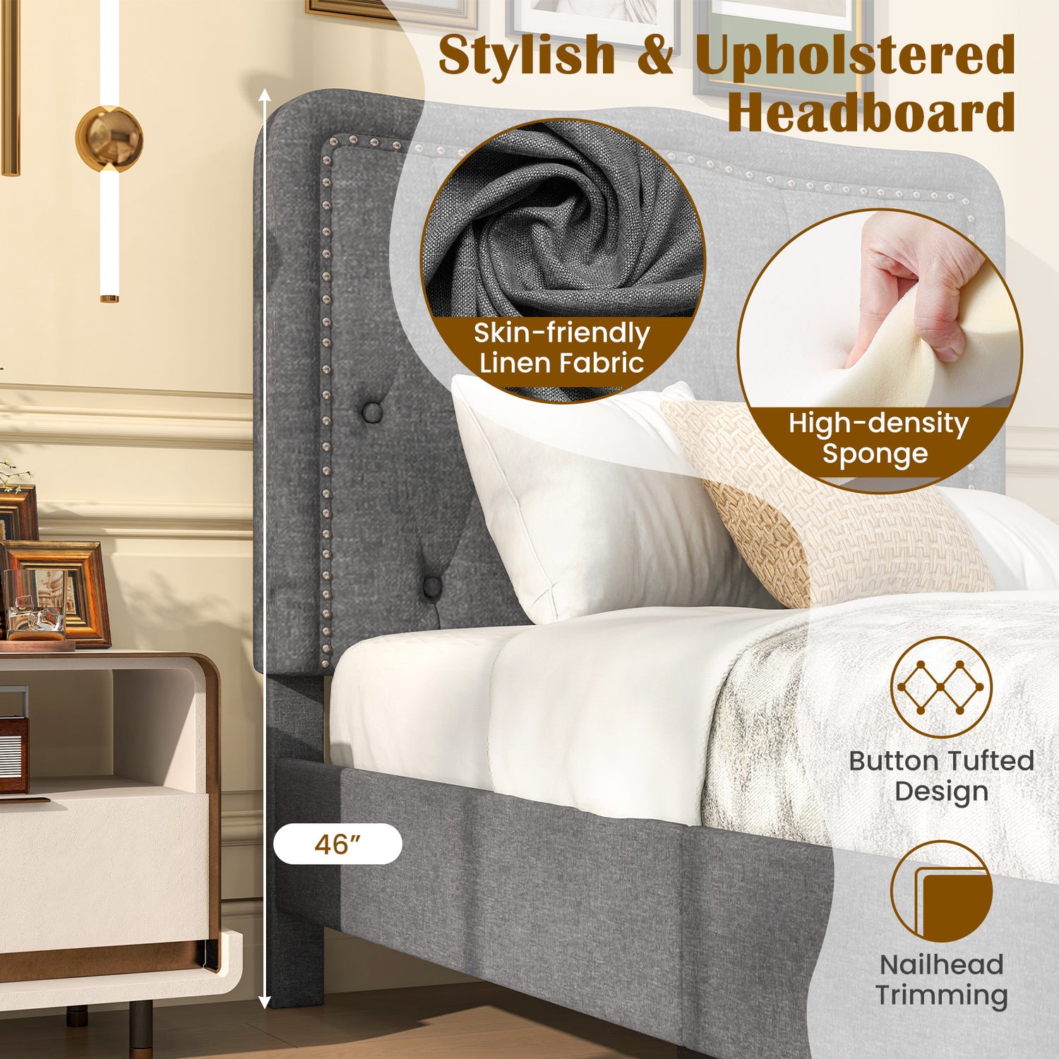Twin Size Bed Frame with 46 Inch Tall Button Tufted Headboard-Gray