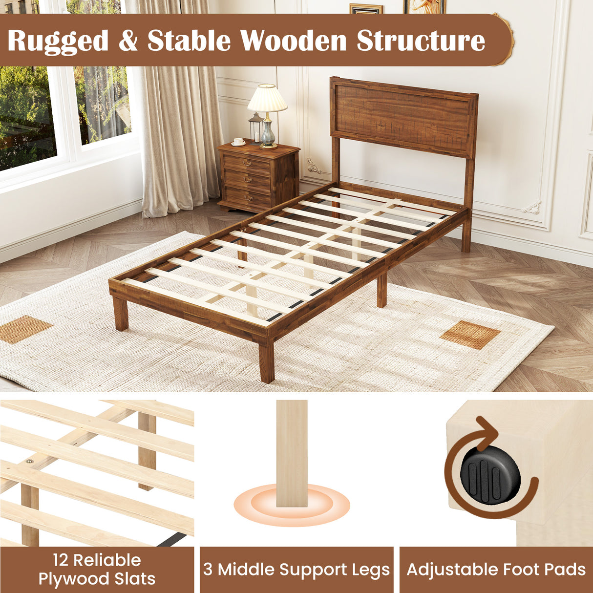 Twin/Full/Queen Size Bed Frame with Headboard and Wooden Slats Support
