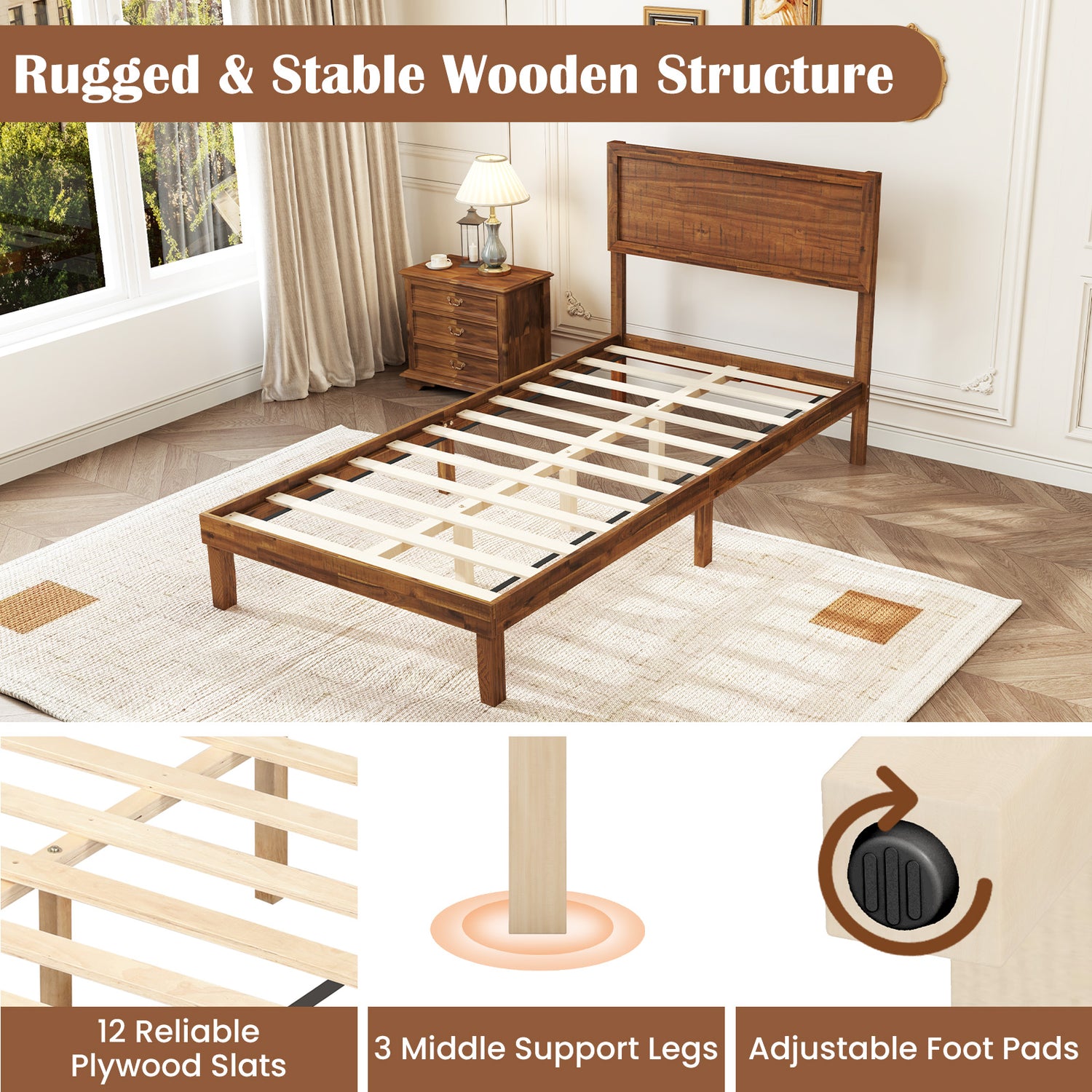 Twin/Full/Queen Size Bed Frame with Headboard and Wooden Slats Support