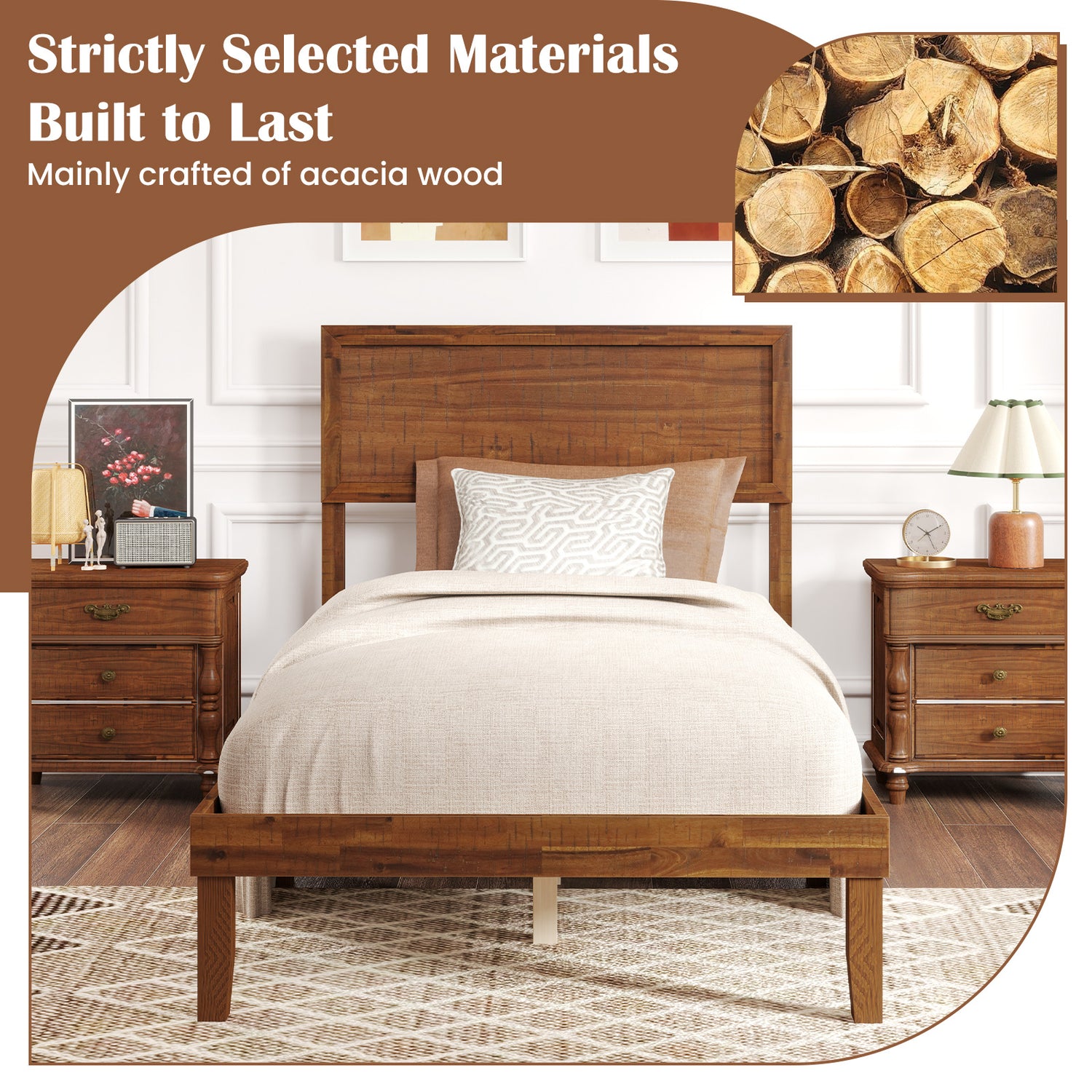 Twin/Full/Queen Size Bed Frame with Headboard and Wooden Slats Support