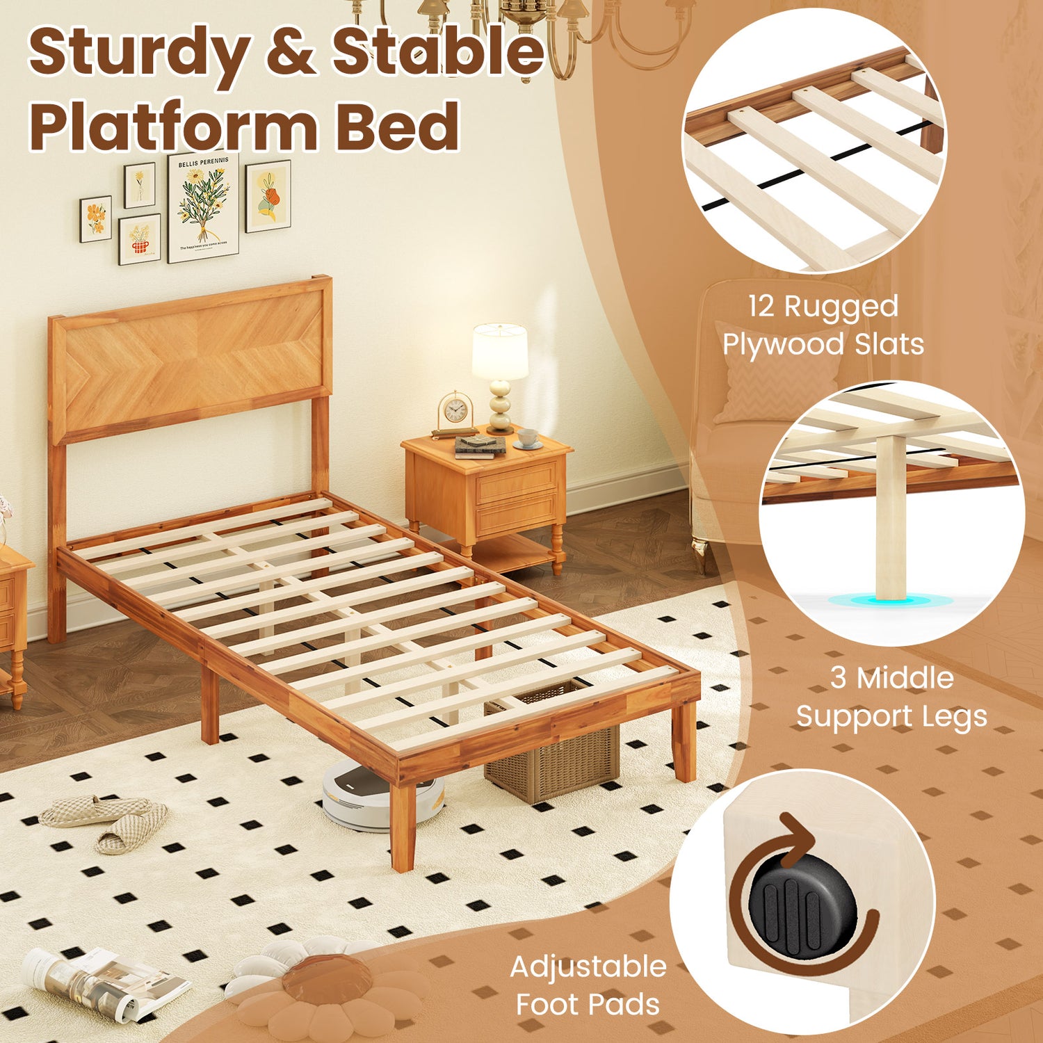 Twin/Full/Queen Size Bed Frame with Headboard and Storage Space