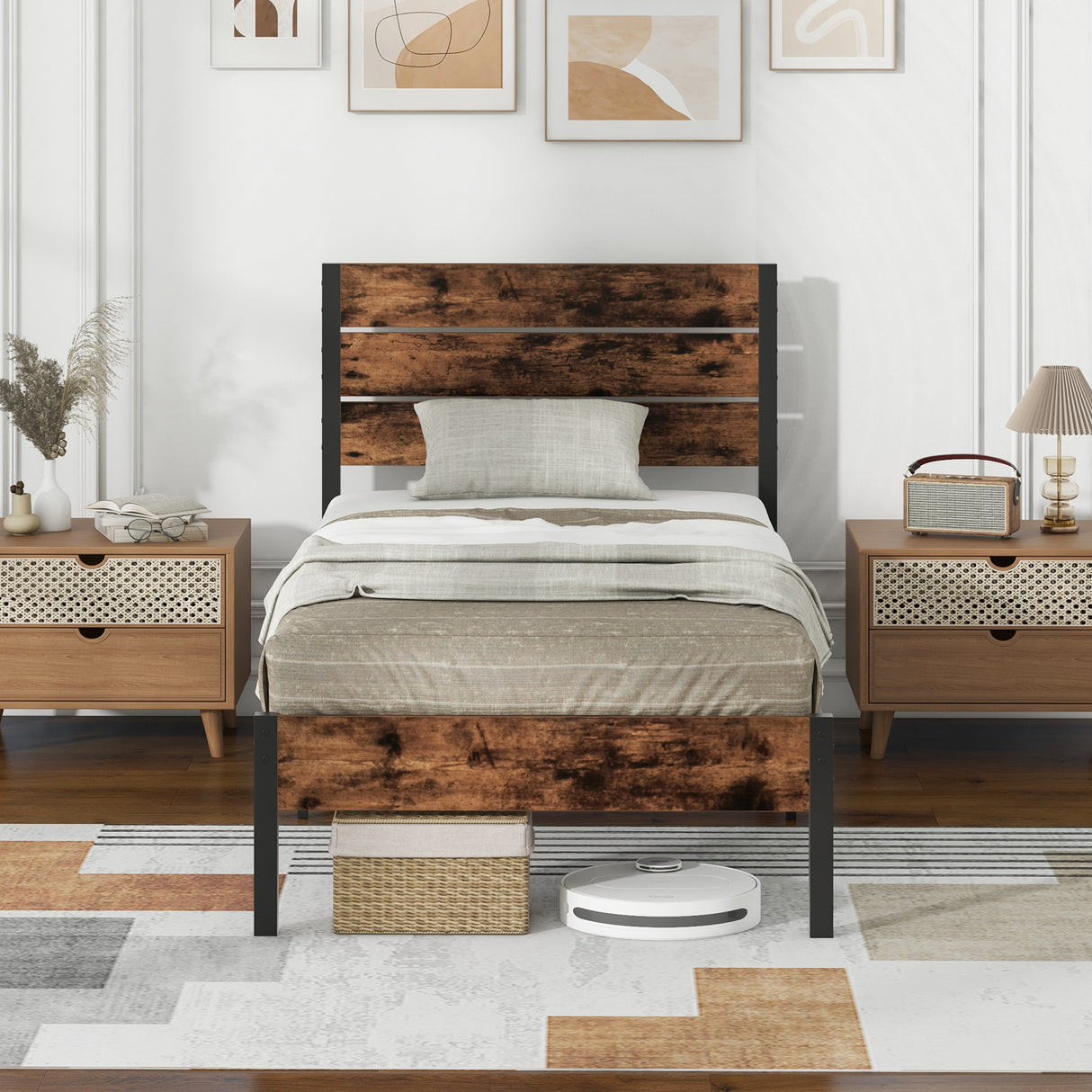 Full/King/Queen/Twin Size Bed Frame with High Headboard and Mute Bar
