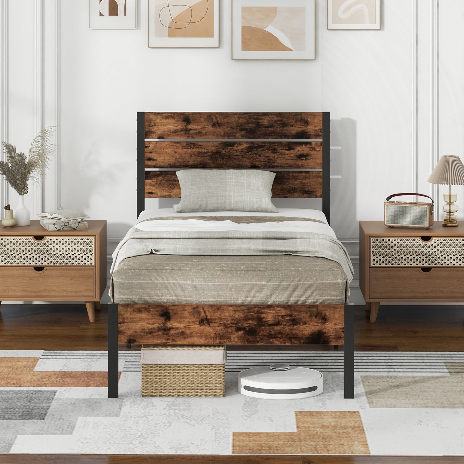 Full/King/Queen/Twin Size Bed Frame with High Headboard and Mute Bar