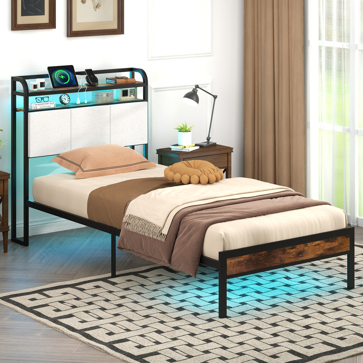 Twin/Full/Queen/King Size Bed Frame with LED Light and Charging Station