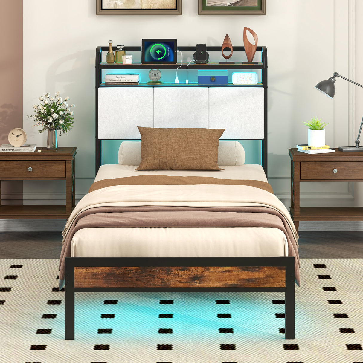 Twin/Full/Queen/King Size Bed Frame with LED Light and Charging Station
