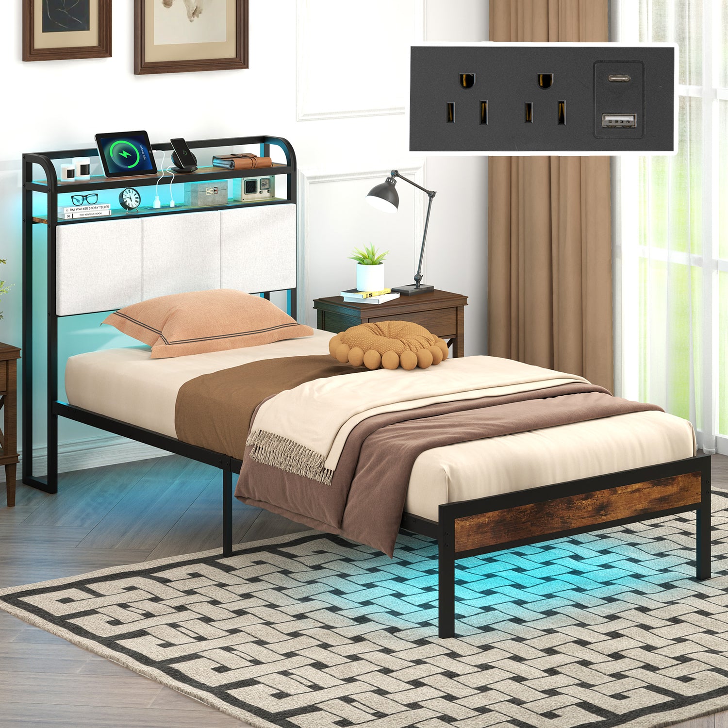 Twin/Full/Queen/King Size Bed Frame with LED Light and Charging Station