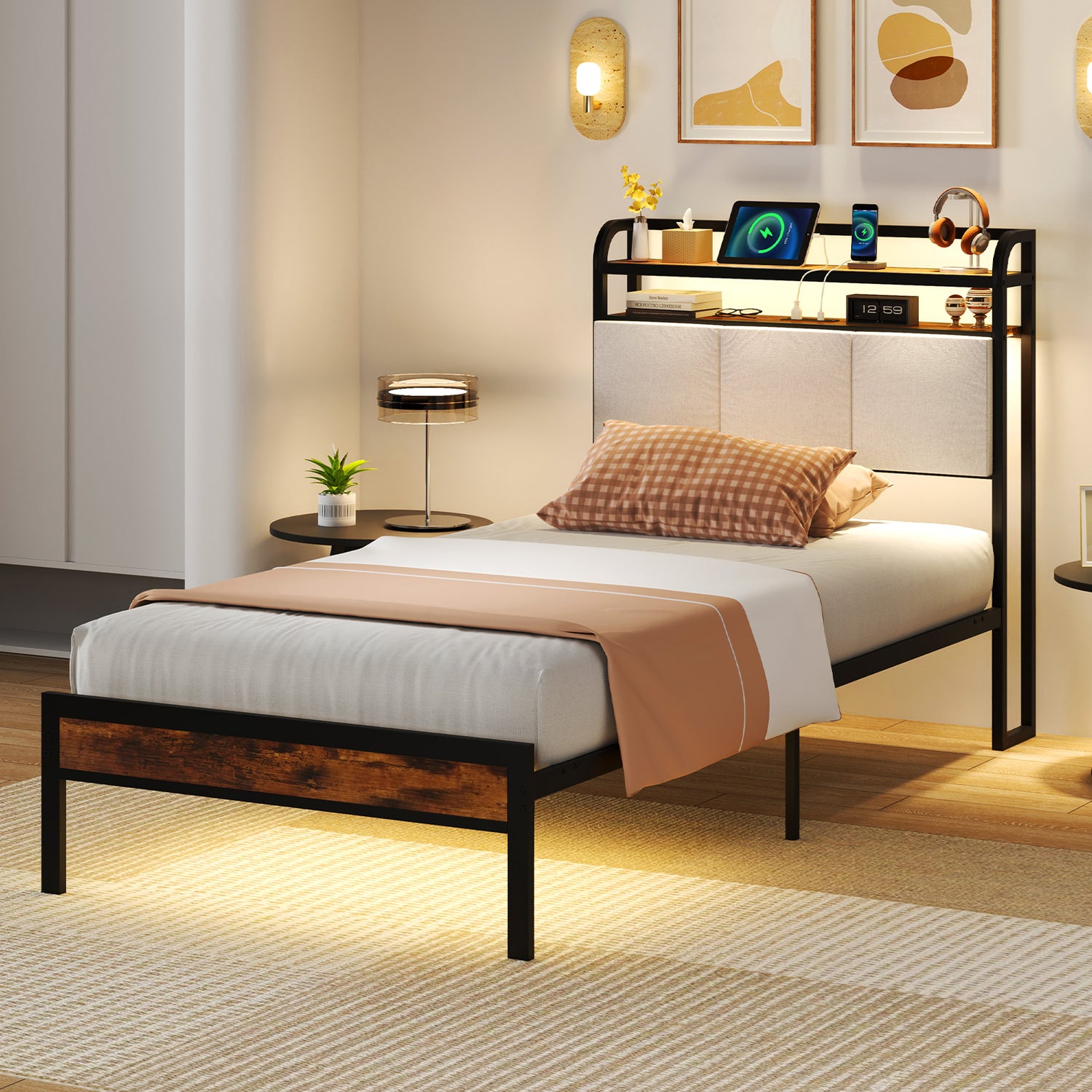 Twin/Full/Queen/King Size Bed Frame with LED Light and Charging Station