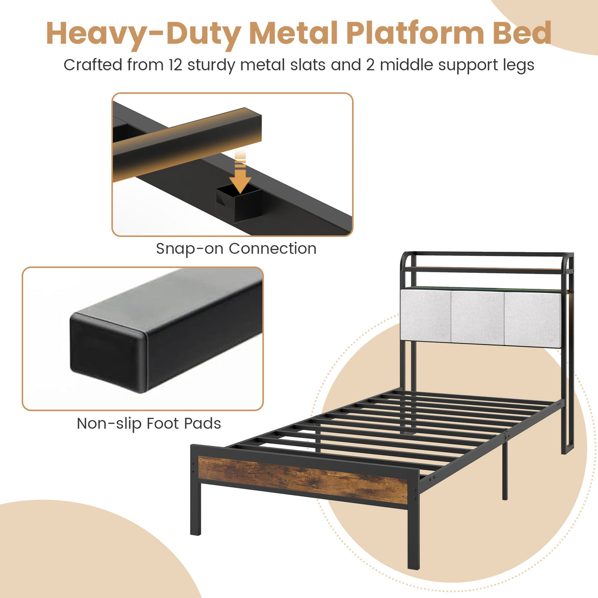 Twin/Full/Queen/King Size Bed Frame with LED Light and Charging Station