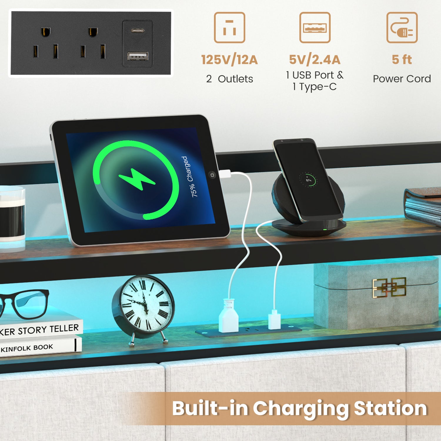 Twin/Full/Queen/King Size Bed Frame with LED Light and Charging Station