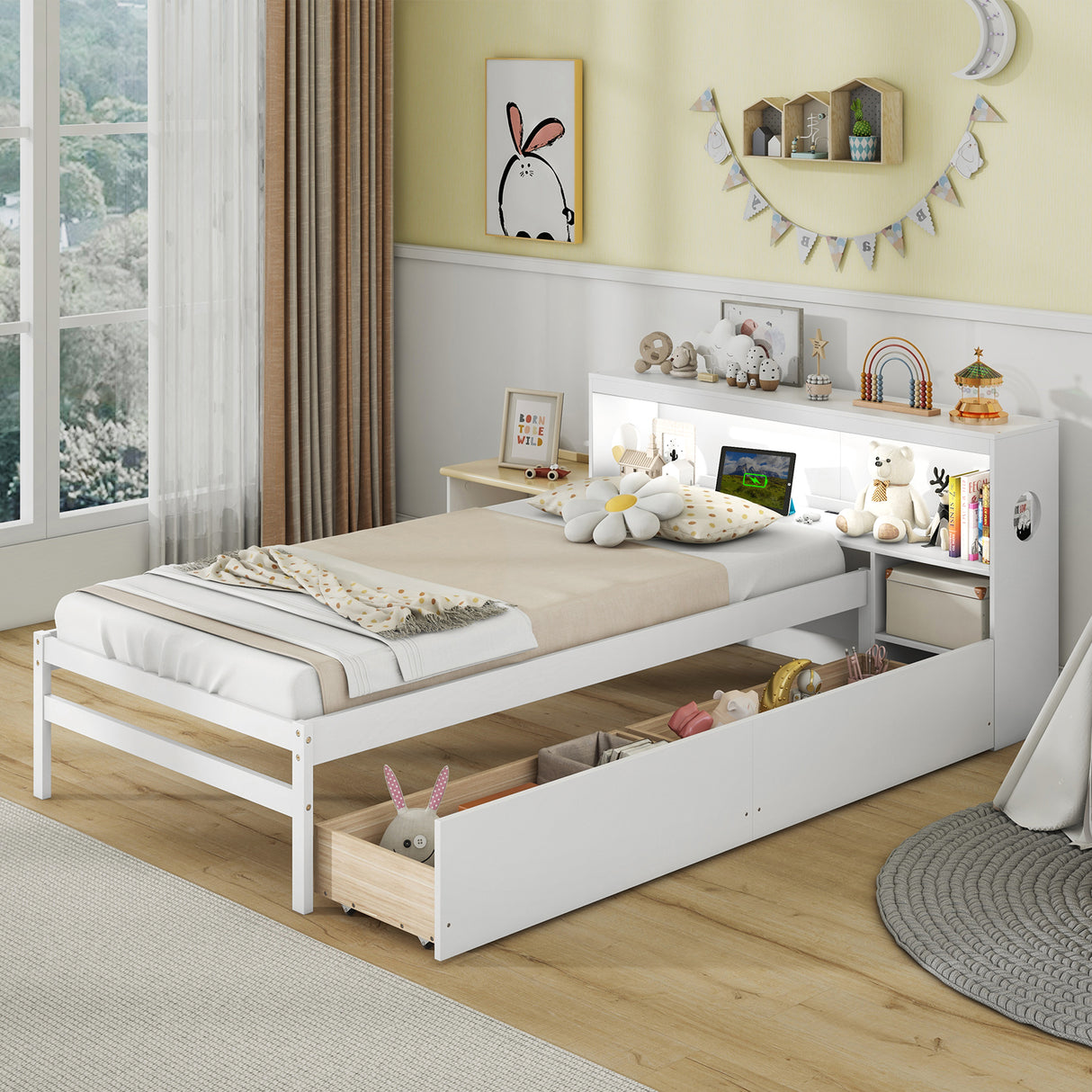 Twin Size Bed Frame with LED Light and Bookcase Headboard