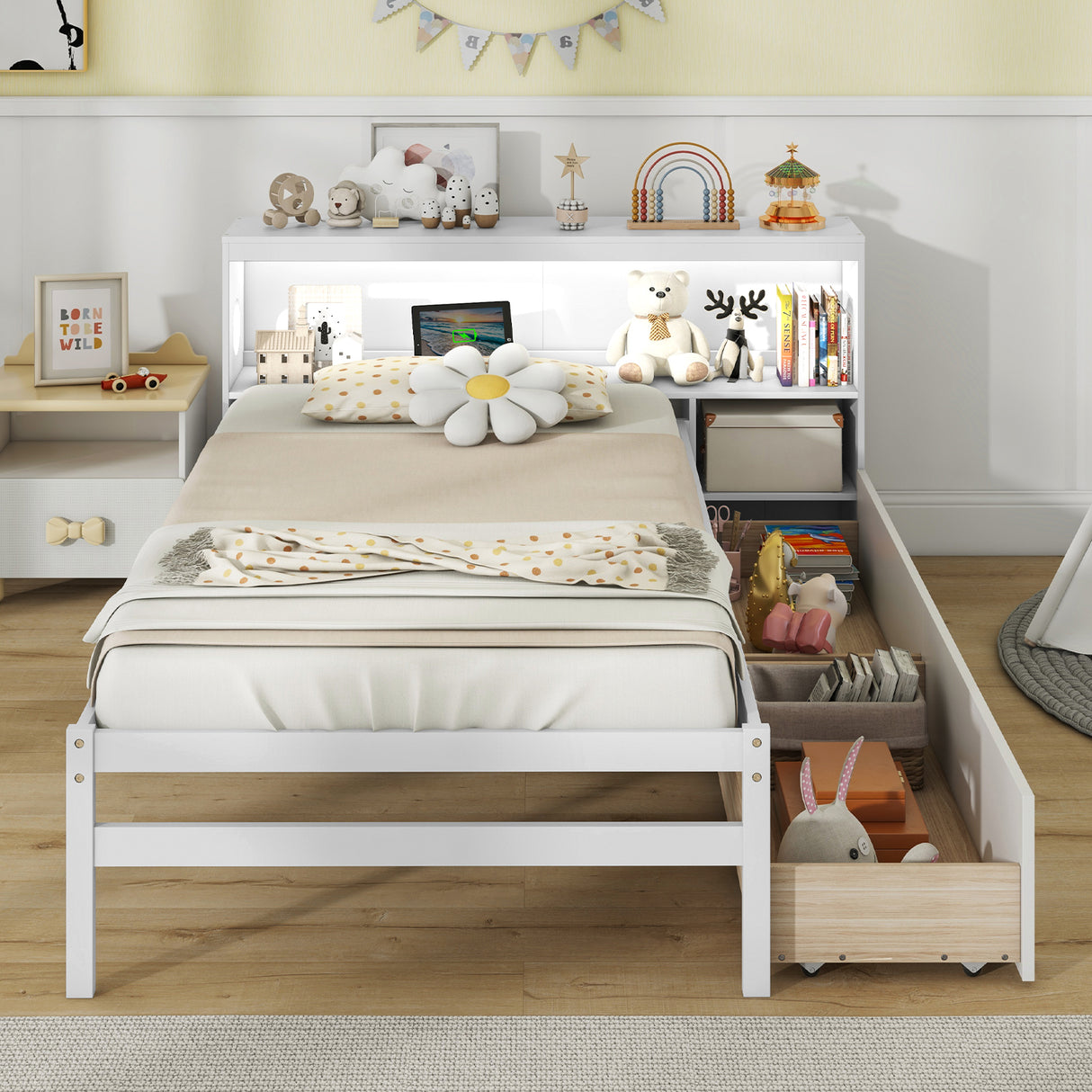Twin Size Bed Frame with LED Light and Bookcase Headboard