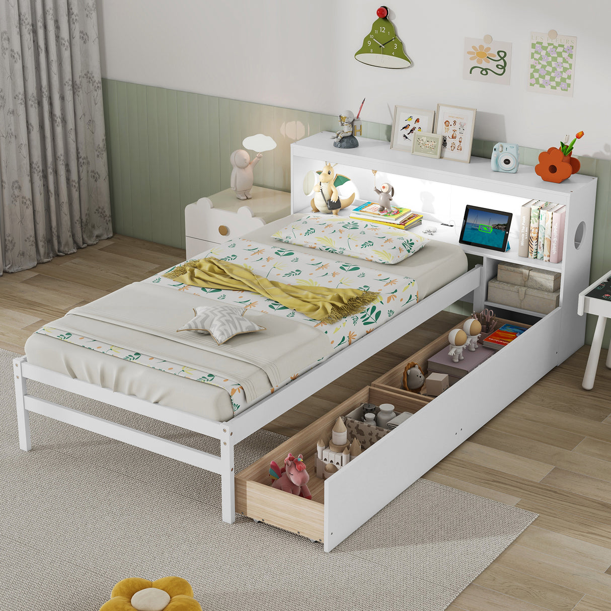 Twin Size Bed Frame with LED Light and Bookcase Headboard
