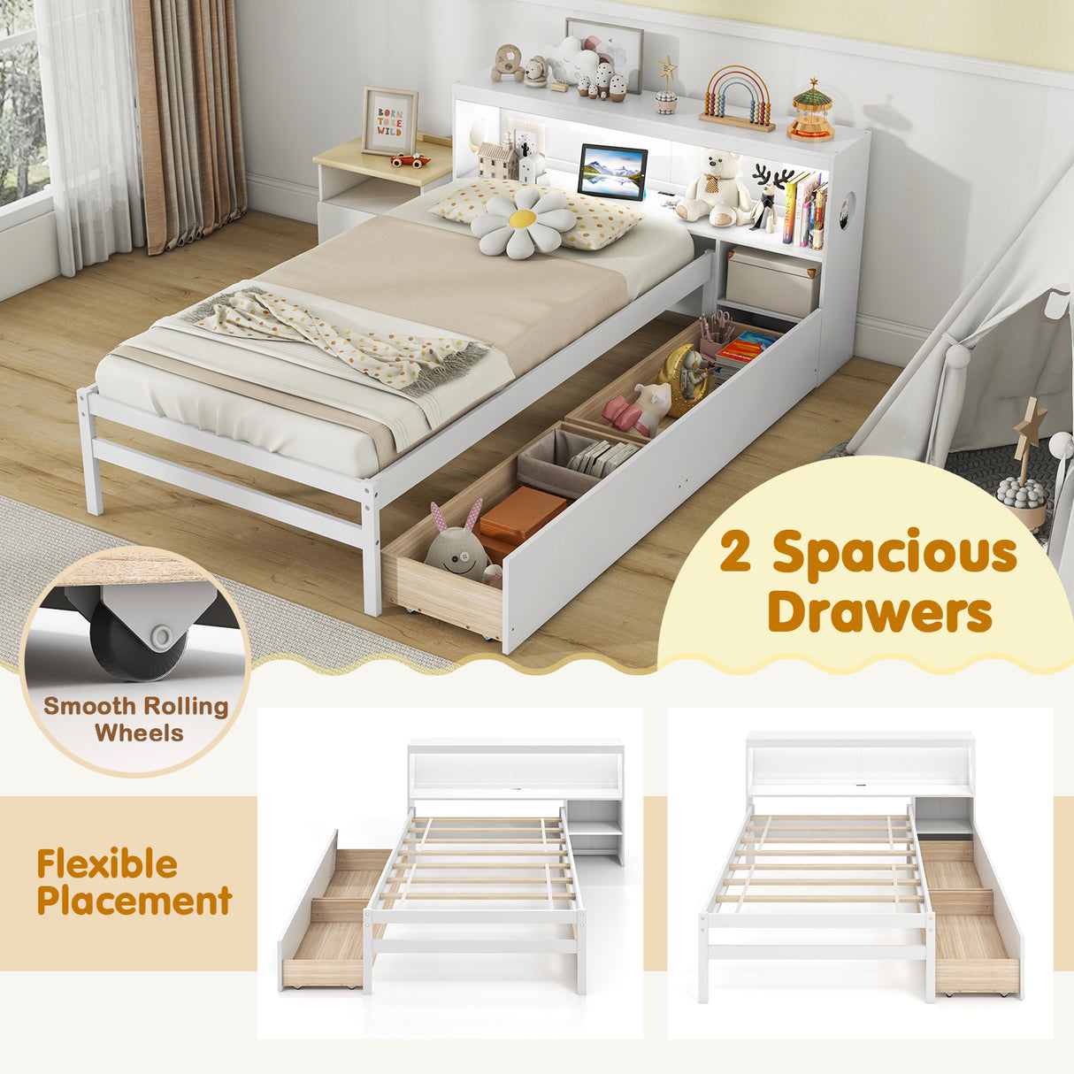 Twin Size Bed Frame with LED Light and Bookcase Headboard