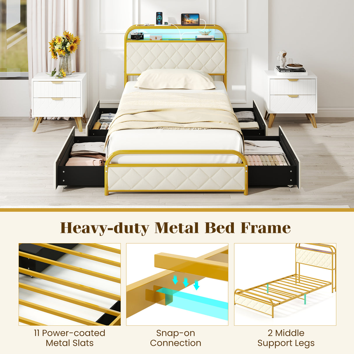 Twin/Full/Queen Size Bed Frame with LED Lights and Charging Station Gold