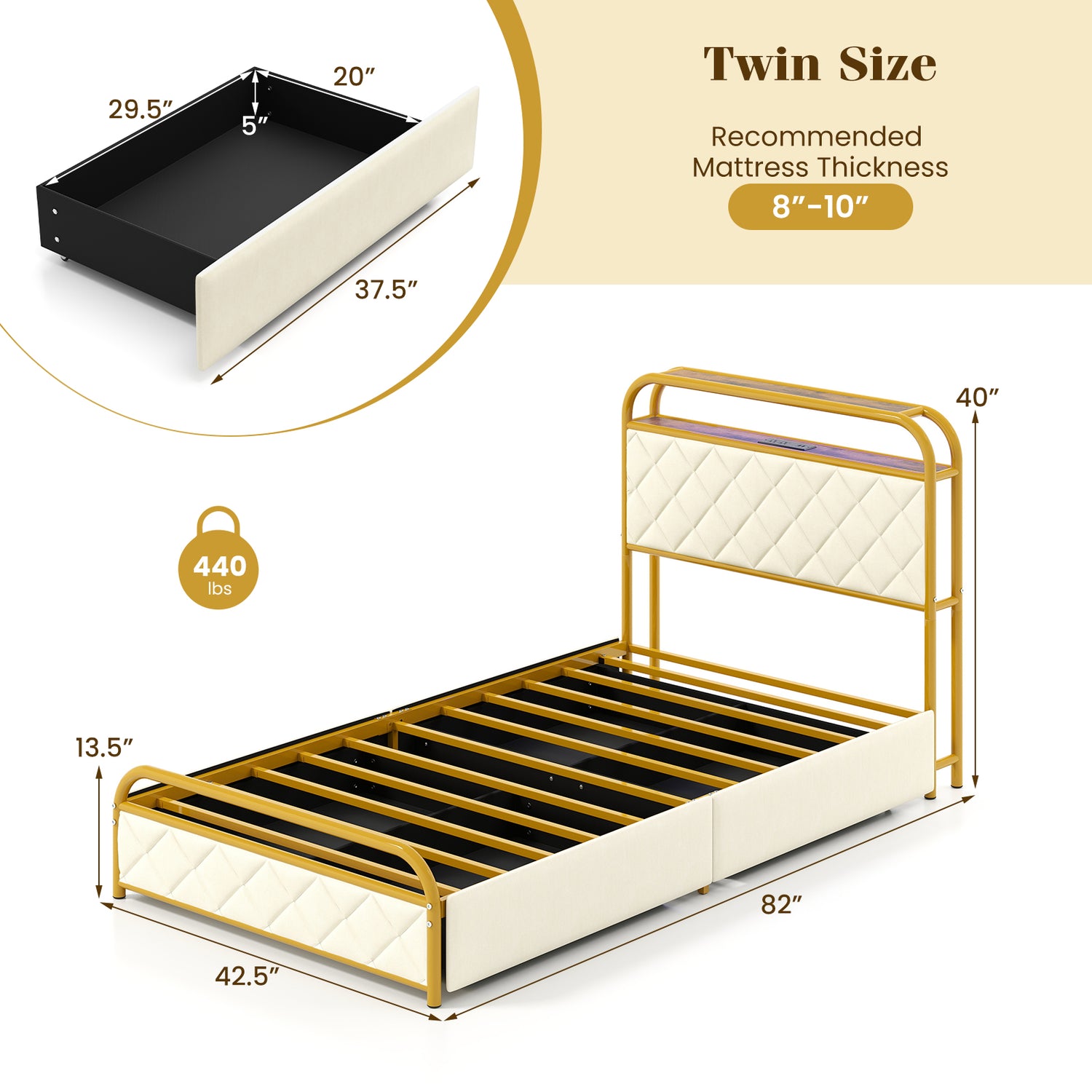 Twin/Full/Queen Size Bed Frame with LED Lights and Charging Station Gold