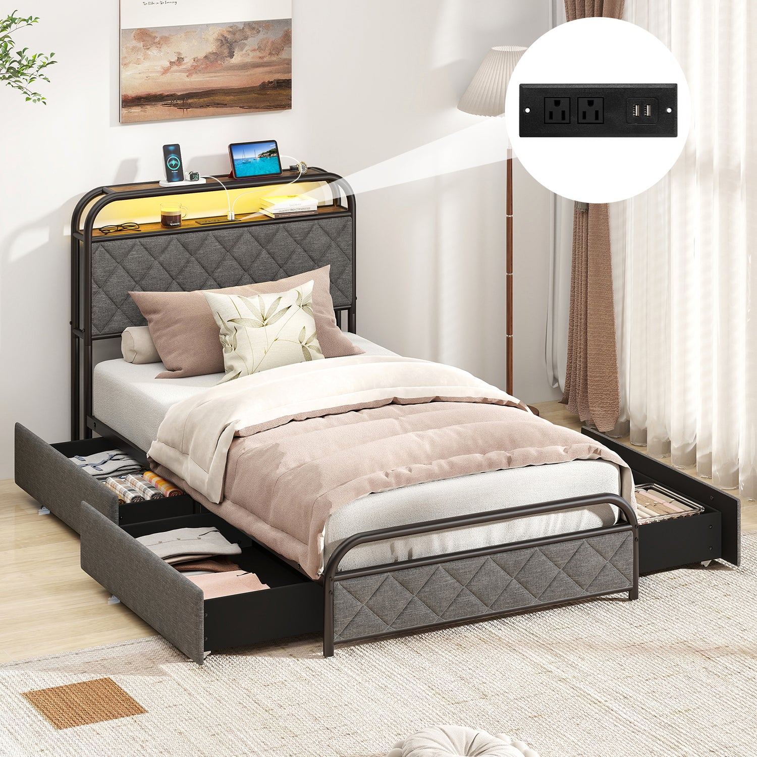 Twin/Full/Queen Size Bed Frame with LED Lights and Charging Station