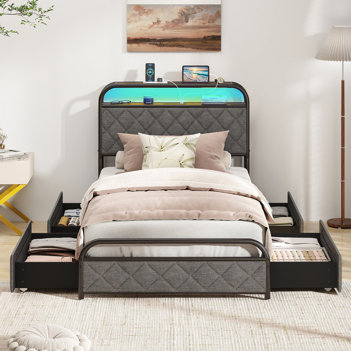 Twin/Full/Queen Size Bed Frame with LED Lights and Charging Station