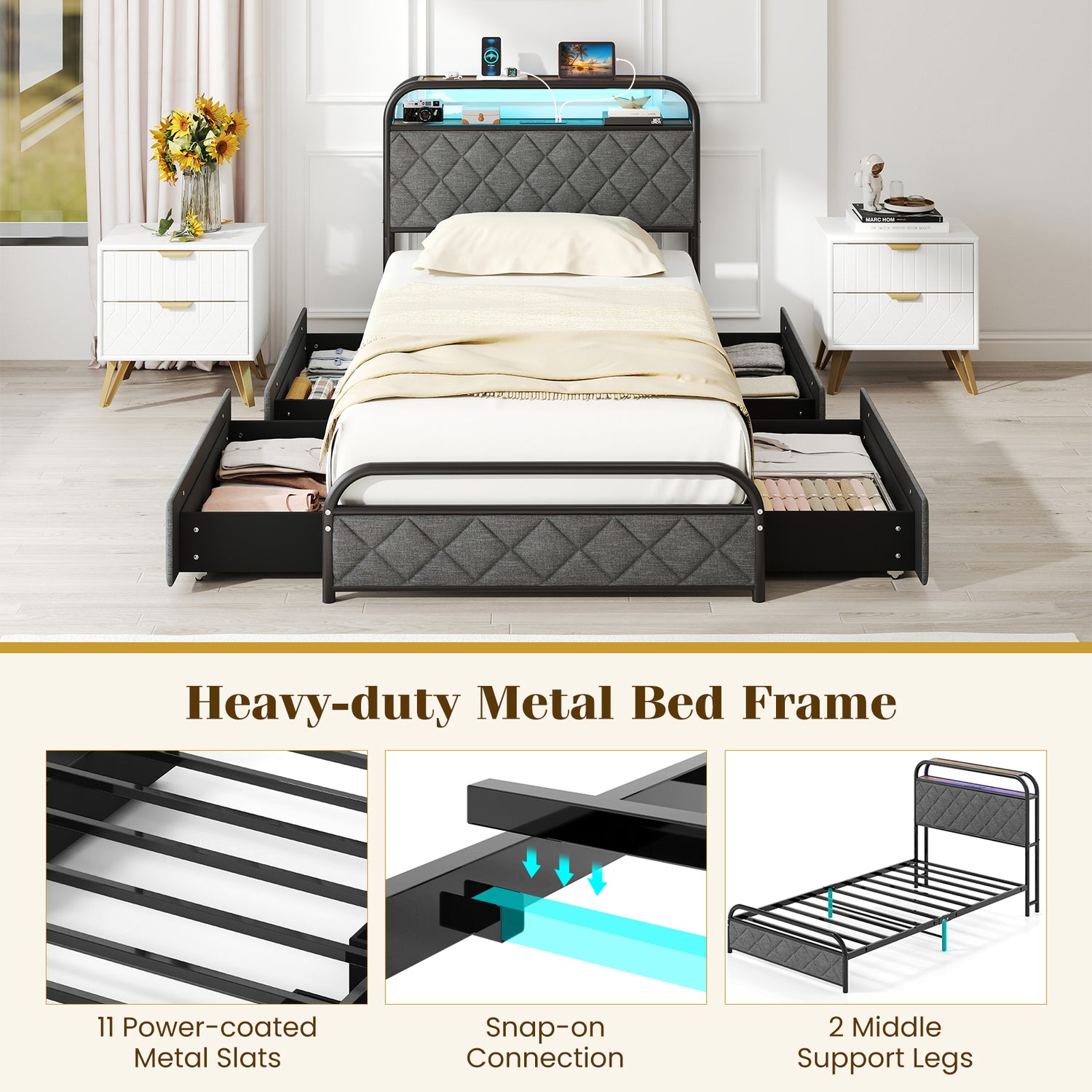 Twin/Full/Queen Size Bed Frame with LED Lights and Charging Station