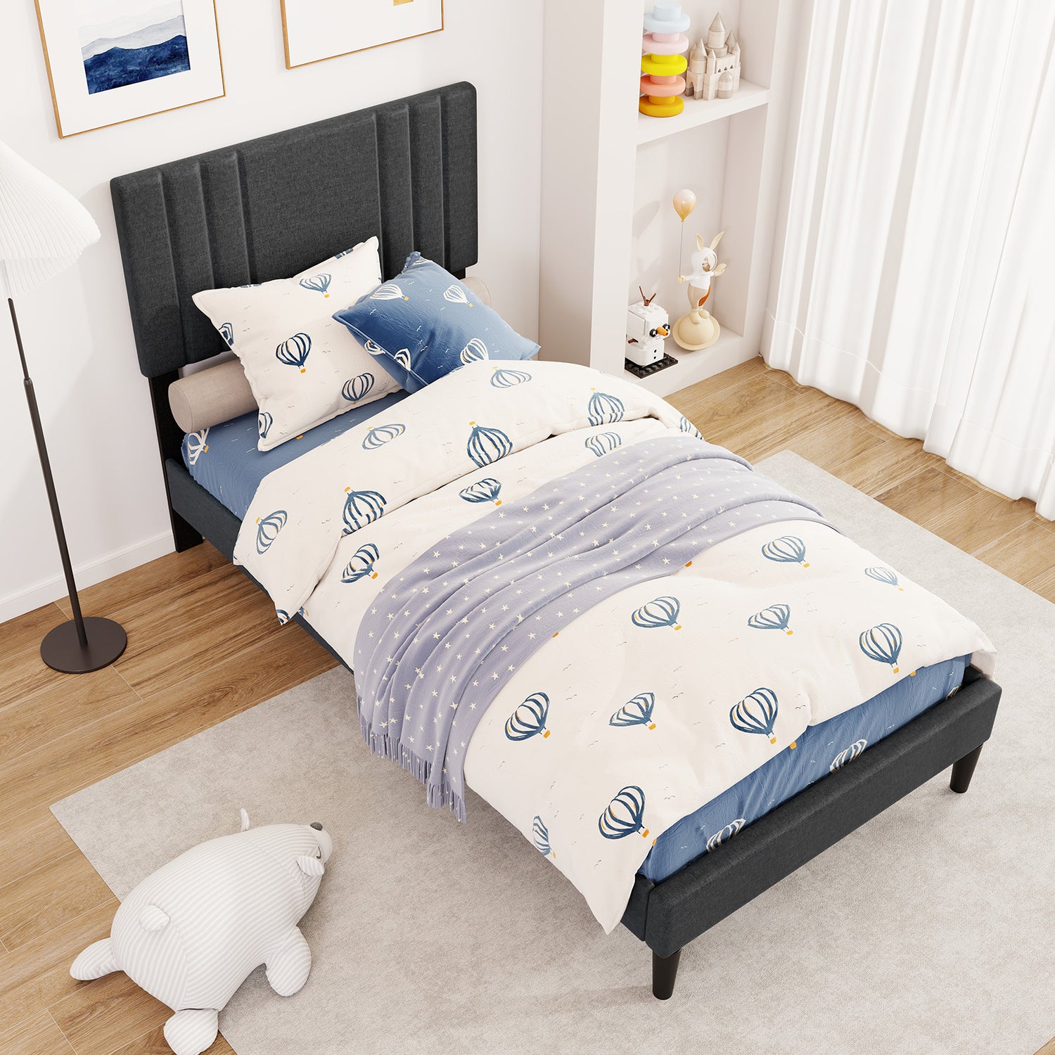 Full/Queen/Twin Size Bed Frame with Vertical Channel Tufted Headboard and Wooden Slats