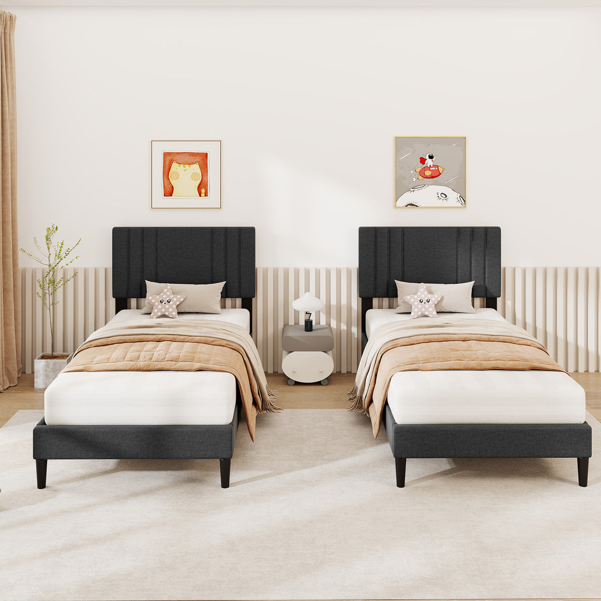 Full/Queen/Twin Size Bed Frame with Vertical Channel Tufted Headboard and Wooden Slats
