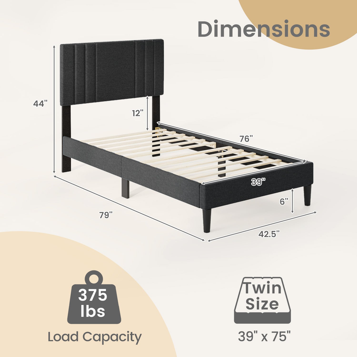 Full/Queen/Twin Size Bed Frame with Vertical Channel Tufted Headboard and Wooden Slats