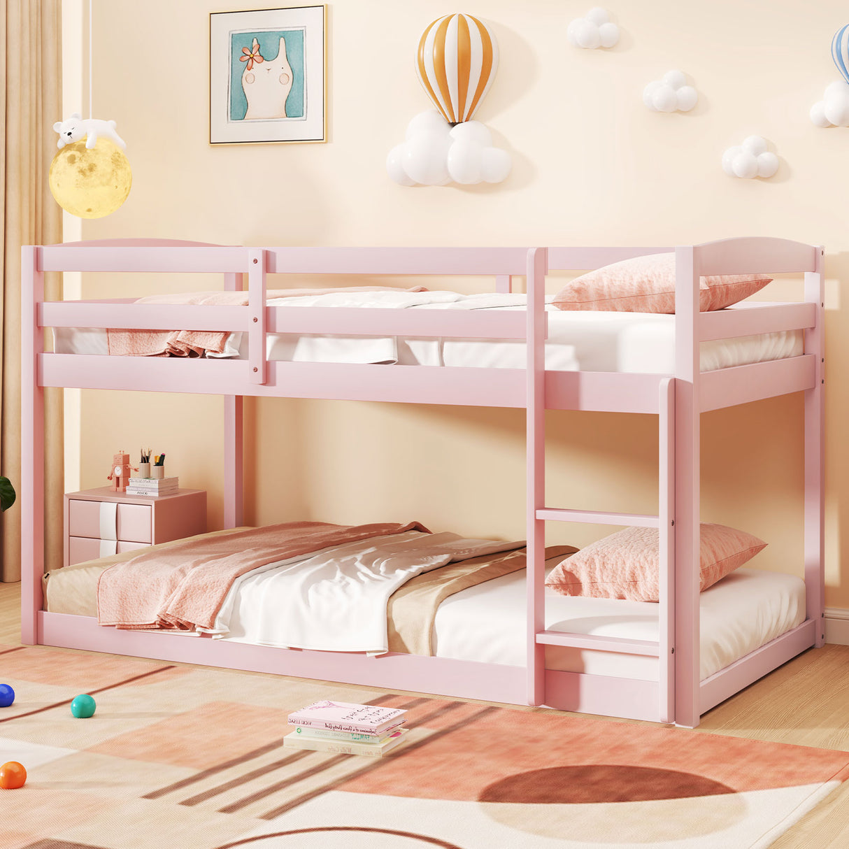 Twin Size Bunk Bed with High Guardrails and Integrated Ladder