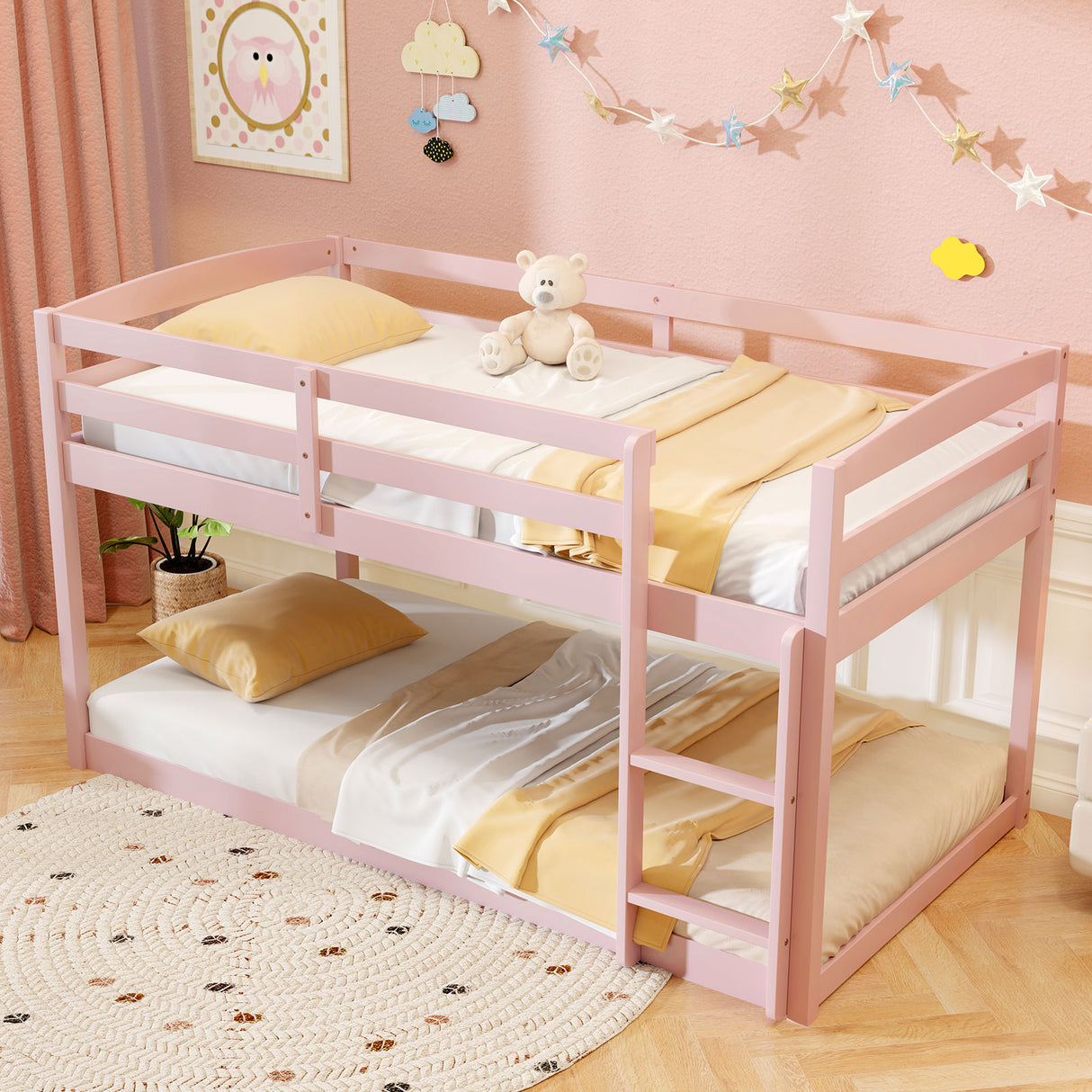 Twin Size Bunk Bed with High Guardrails and Integrated Ladder