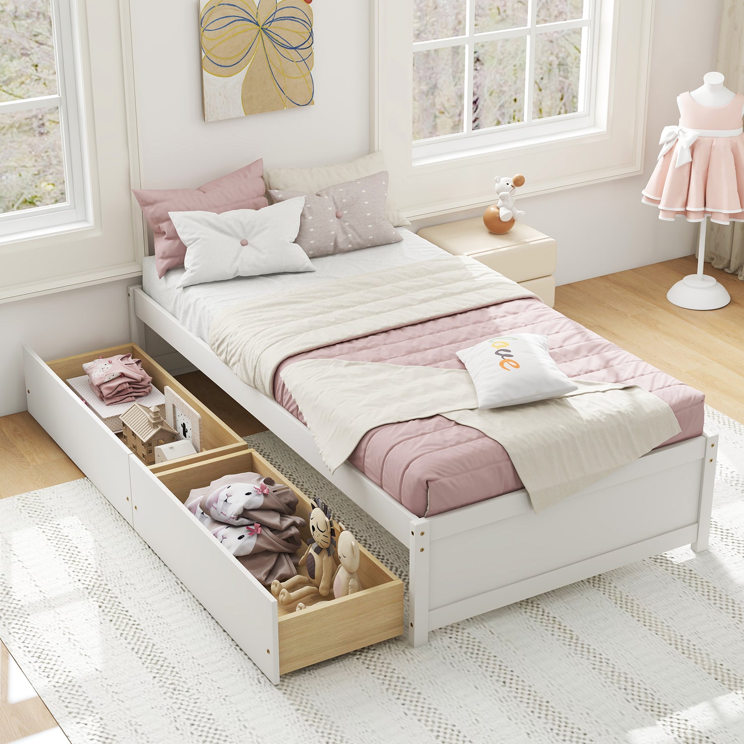 Twin Size Captain Bed with 2 Drawers and Slats Support