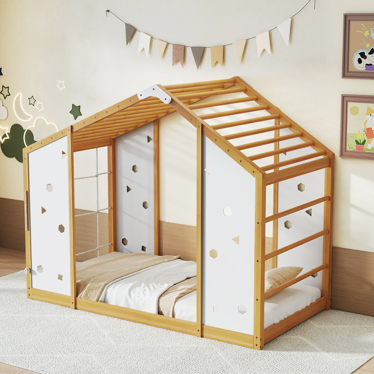 Twin Size Climbing Bed 2-in-1 Montessori Floor Bed with Monkey Bars-Natural and White