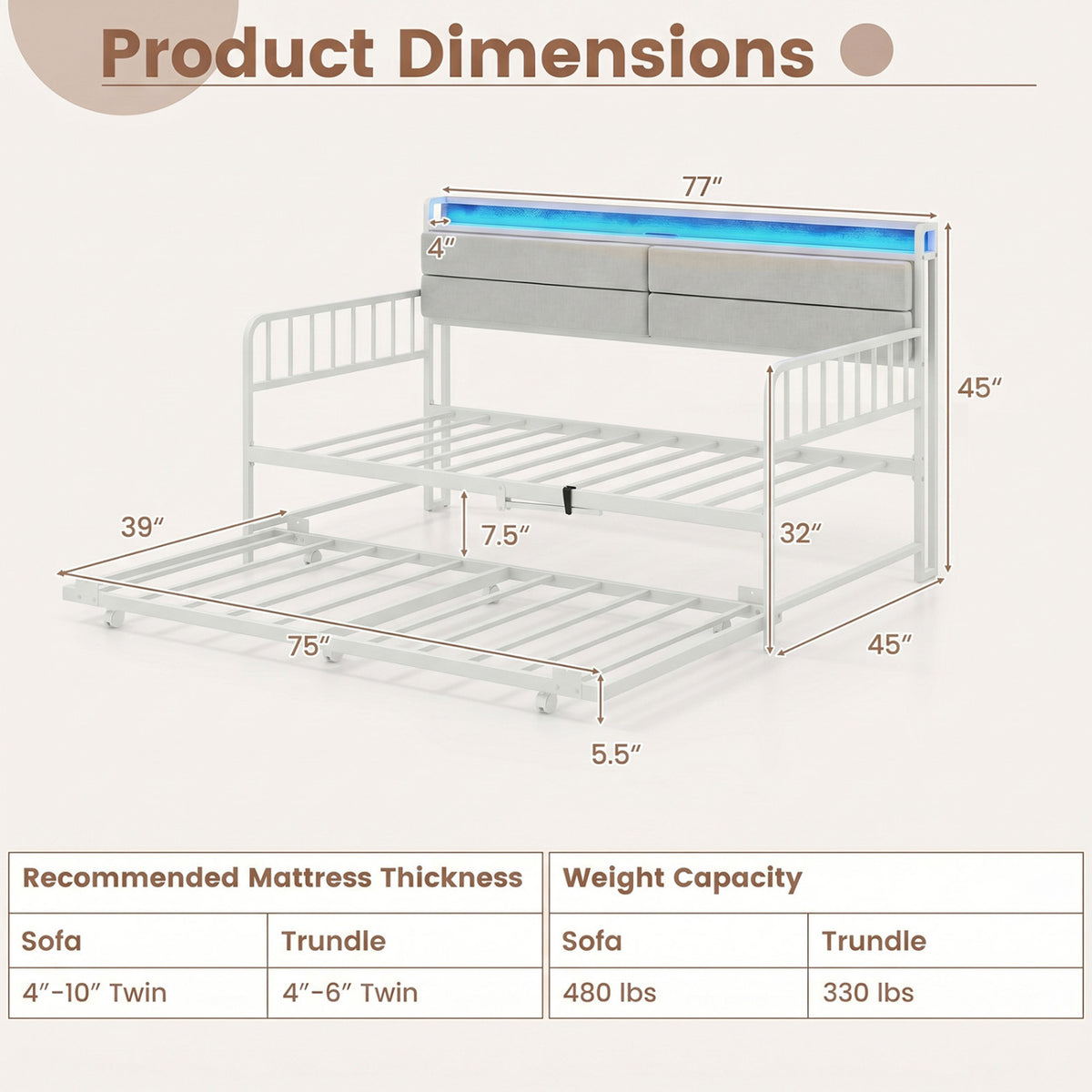 Twin Size Daybed with Trundle and Metal Bed Frame with Headboard