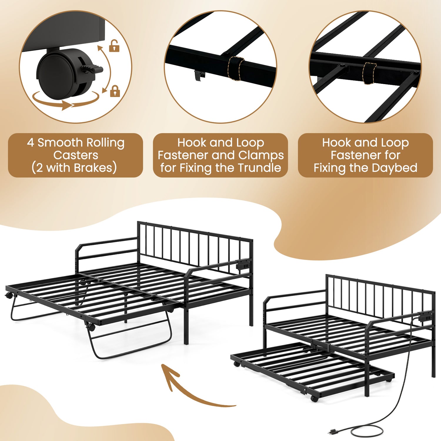 Adjustable Metal Twin Size Daybed with Charging Station and LED Light