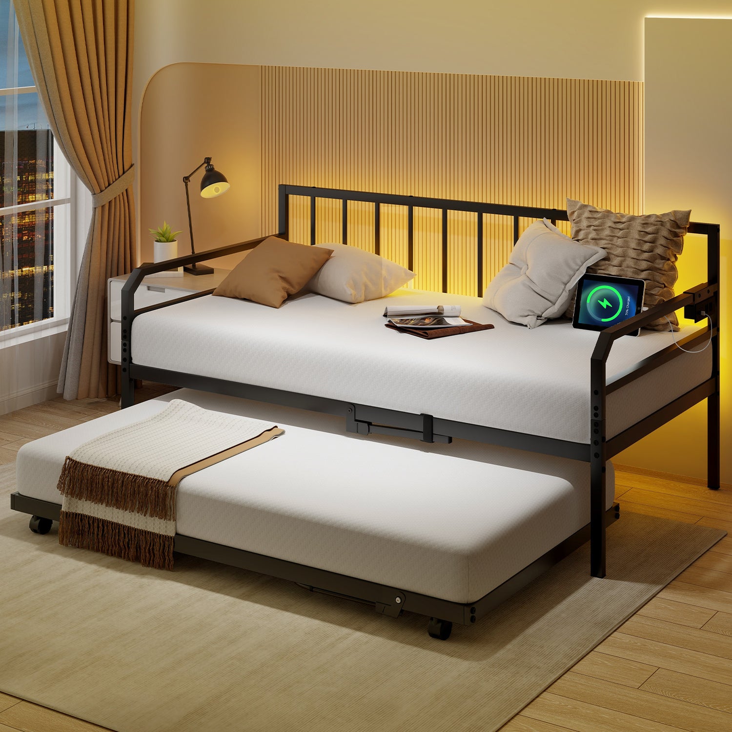 Adjustable Metal Twin Size Daybed with Charging Station and LED Light
