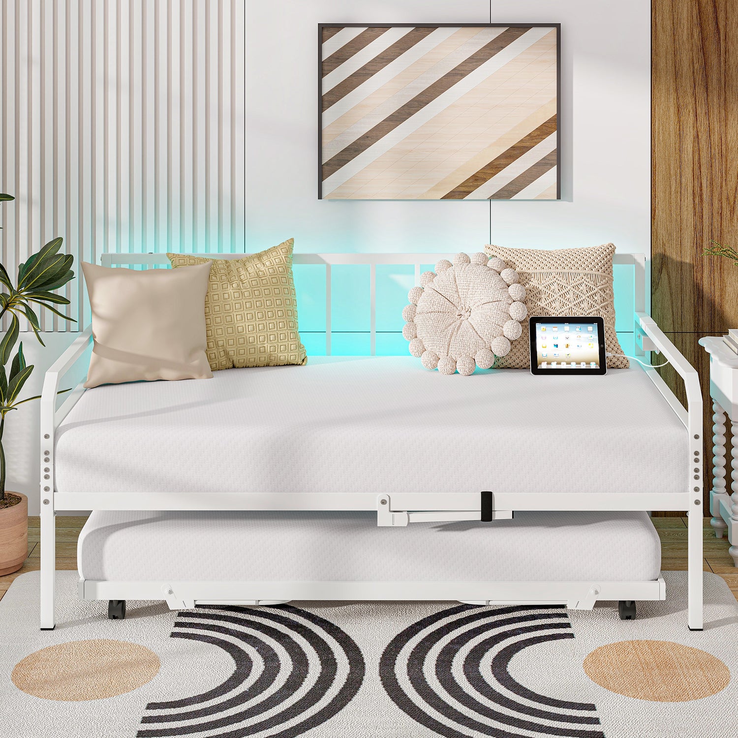 Adjustable Metal Twin Size Daybed with Charging Station and LED Light