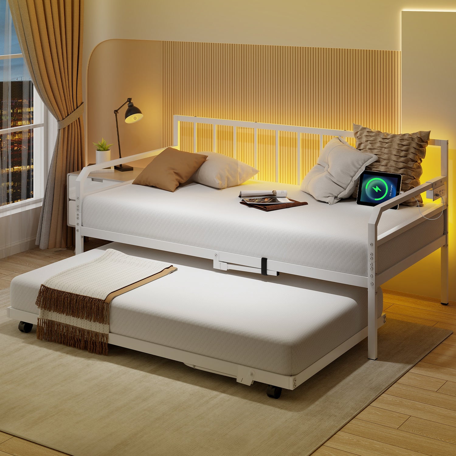 Adjustable Metal Twin Size Daybed with Charging Station and LED Light