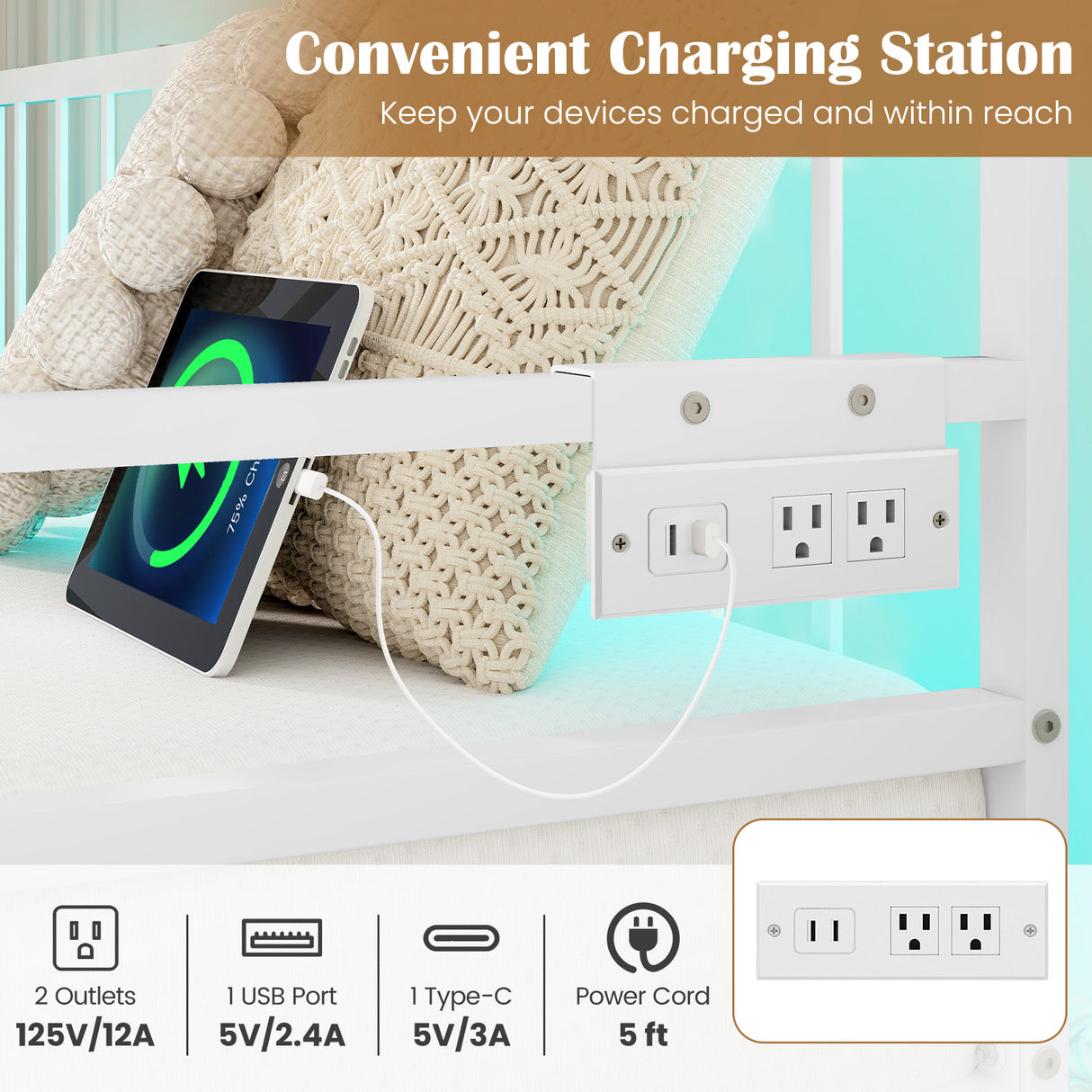 Adjustable Metal Twin Size Daybed with Charging Station and LED Light