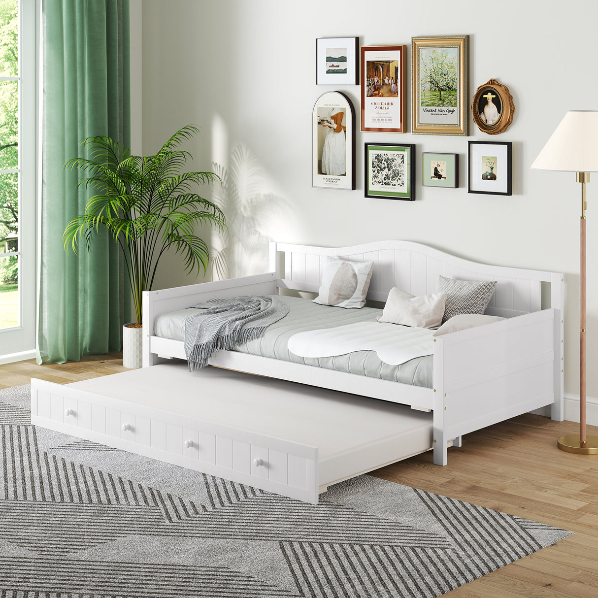Twin Size Daybed with Trundle and Slats Support on Wheels