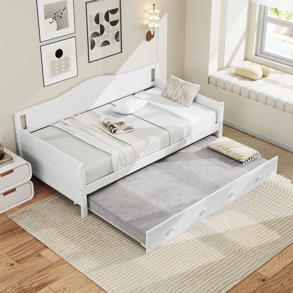 Twin Size Daybed with Trundle and Slats Support on Wheels