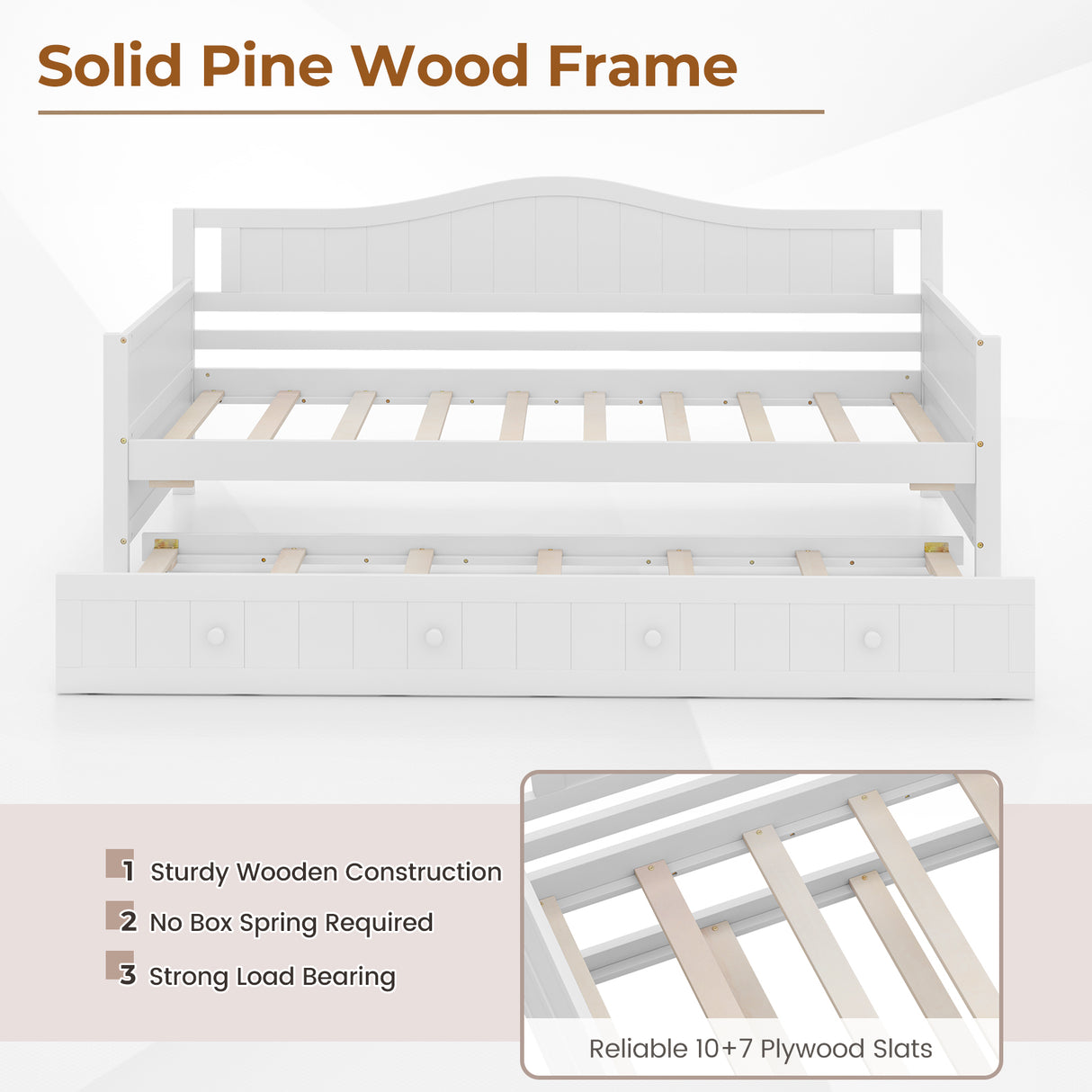 Twin Size Daybed with Trundle and Slats Support on Wheels