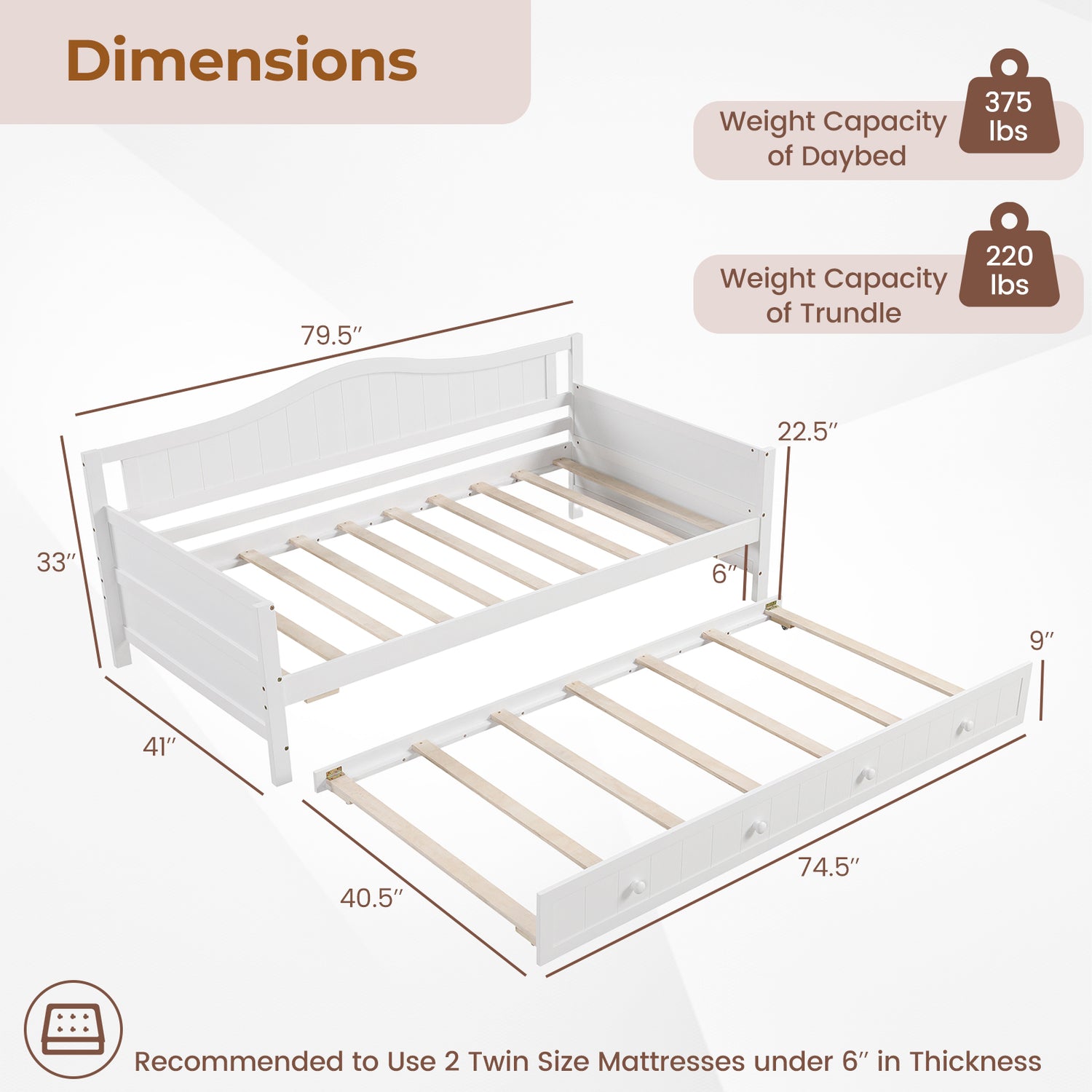 Twin Size Daybed with Trundle and Slats Support on Wheels