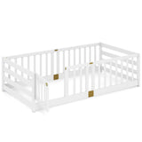 Twin Size Floor Bed with High Fence and Door Playhouse for Kids