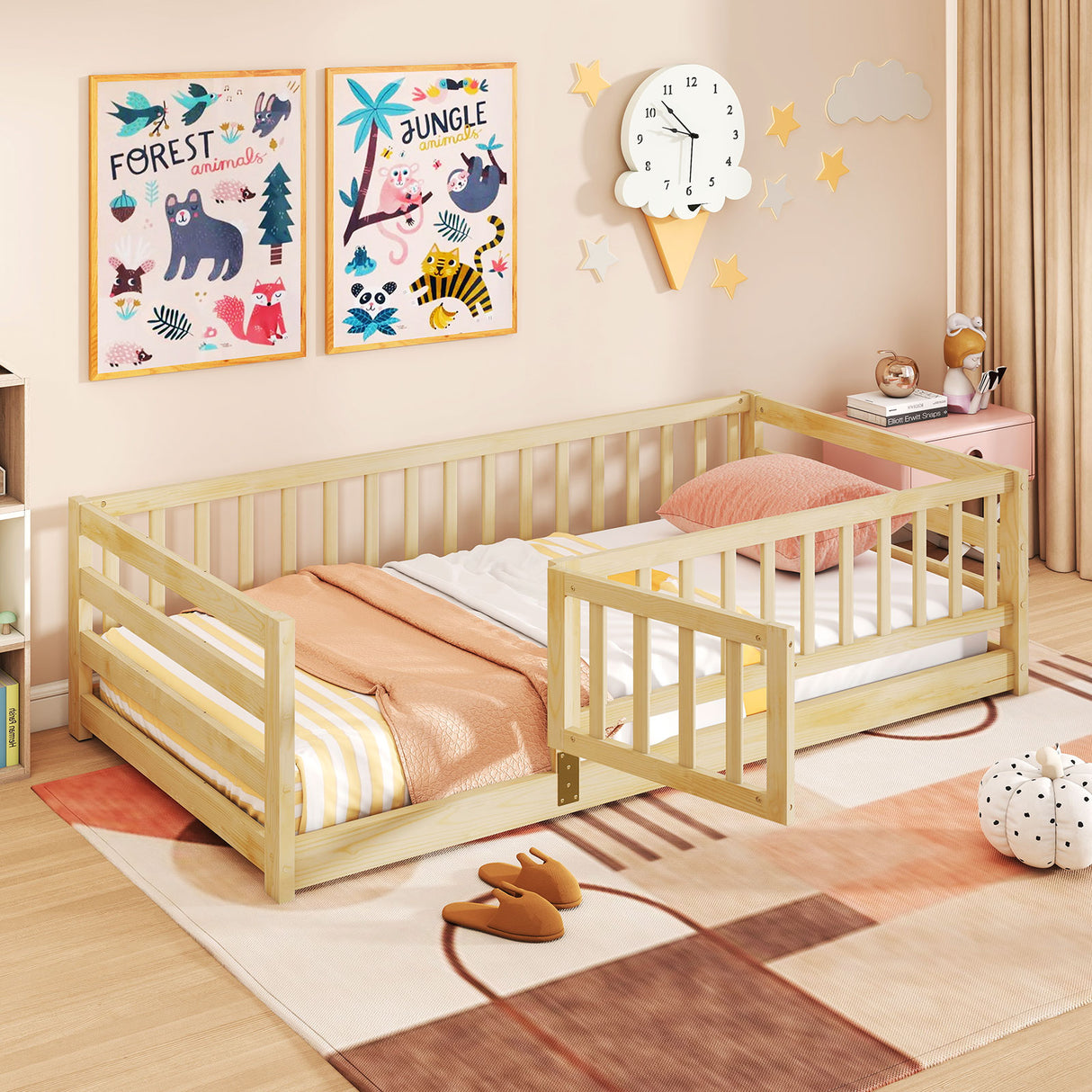 Twin Size Floor Bed with High Fence and Door Playhouse for Kids