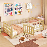Twin Size Floor Bed with High Fence and Door Playhouse for Kids